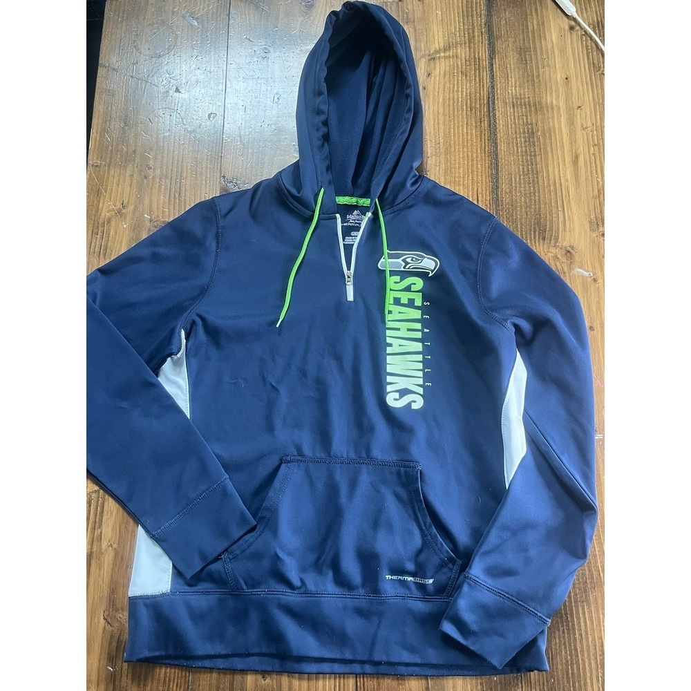 Majestic Seattle Seahawks Therma Base Quarter Zip Hoodie Navy Blue Mens Large